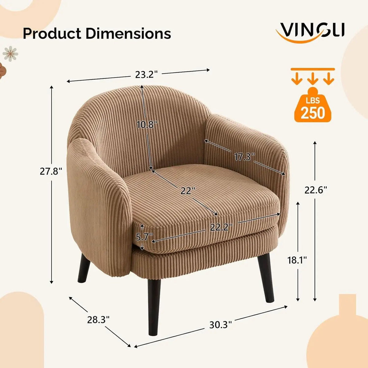 Luxurious Khaki Corduroy Barrel Chair Set 30Inches from PriceLows™