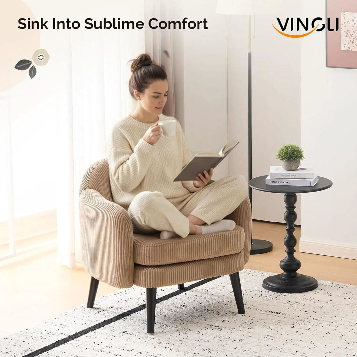 Luxurious Khaki Corduroy Barrel Chair Set 30Inches from PriceLows™