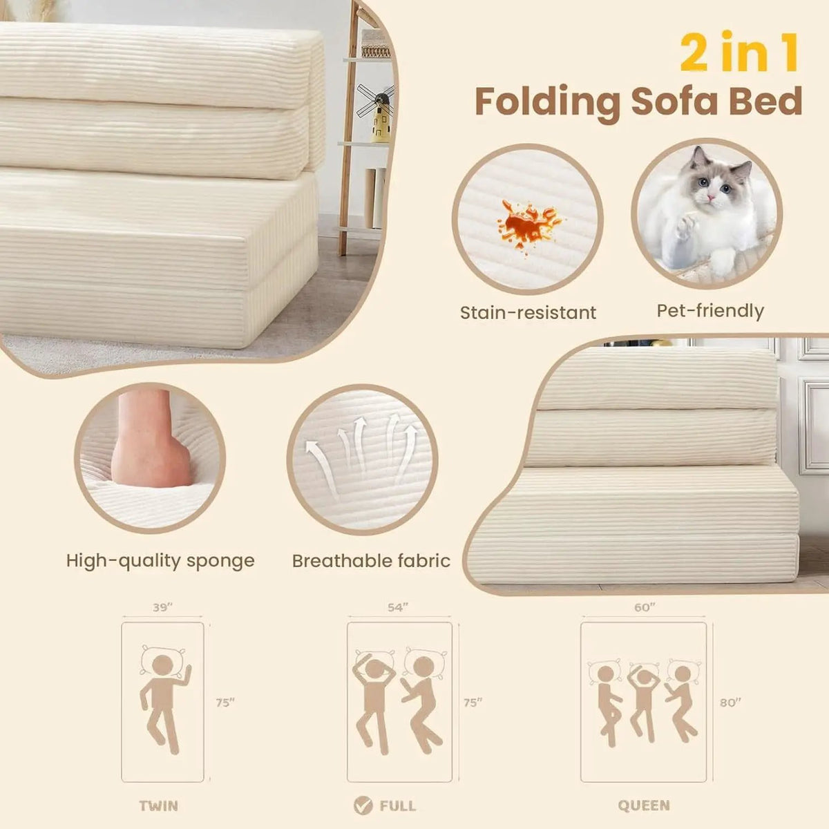 Corduroy Convertible Folding Sofa Bed With Mattress from PriceLows™