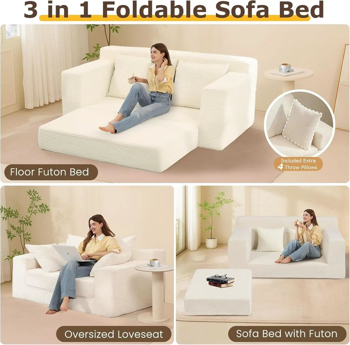 Corduroy Convertible Sofa Bed Three In One BeigeTone Sleeper from PriceLows™