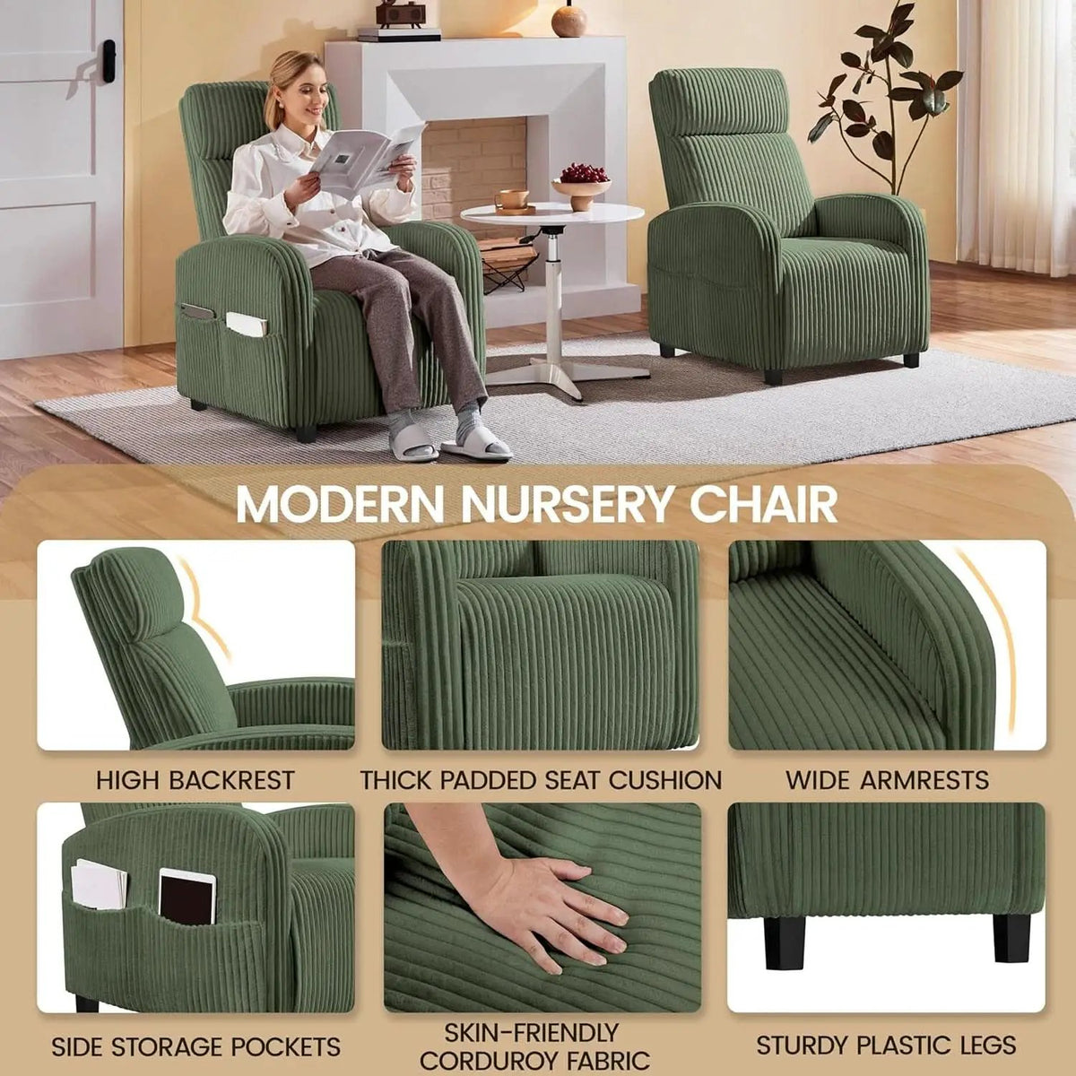 Corduroy Dark Green High-Back Armchair With Pockets from PriceLows™