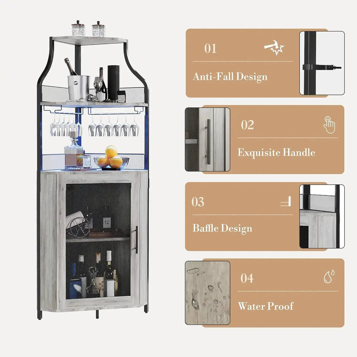 Corner Bar Cabinet Freestanding 5-Tier Wine & Spirits Rack with LED Lights Adjustable Shelves Glass Holder & Mesh Doors for Bar from PriceLows™