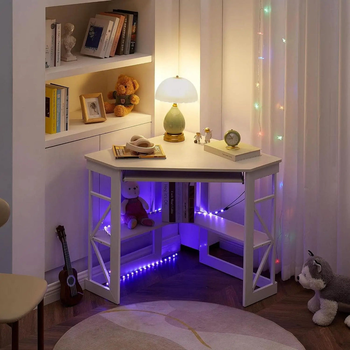 Corner Computer Desk with Keyboard Tray and Storage Shelves from PriceLows™