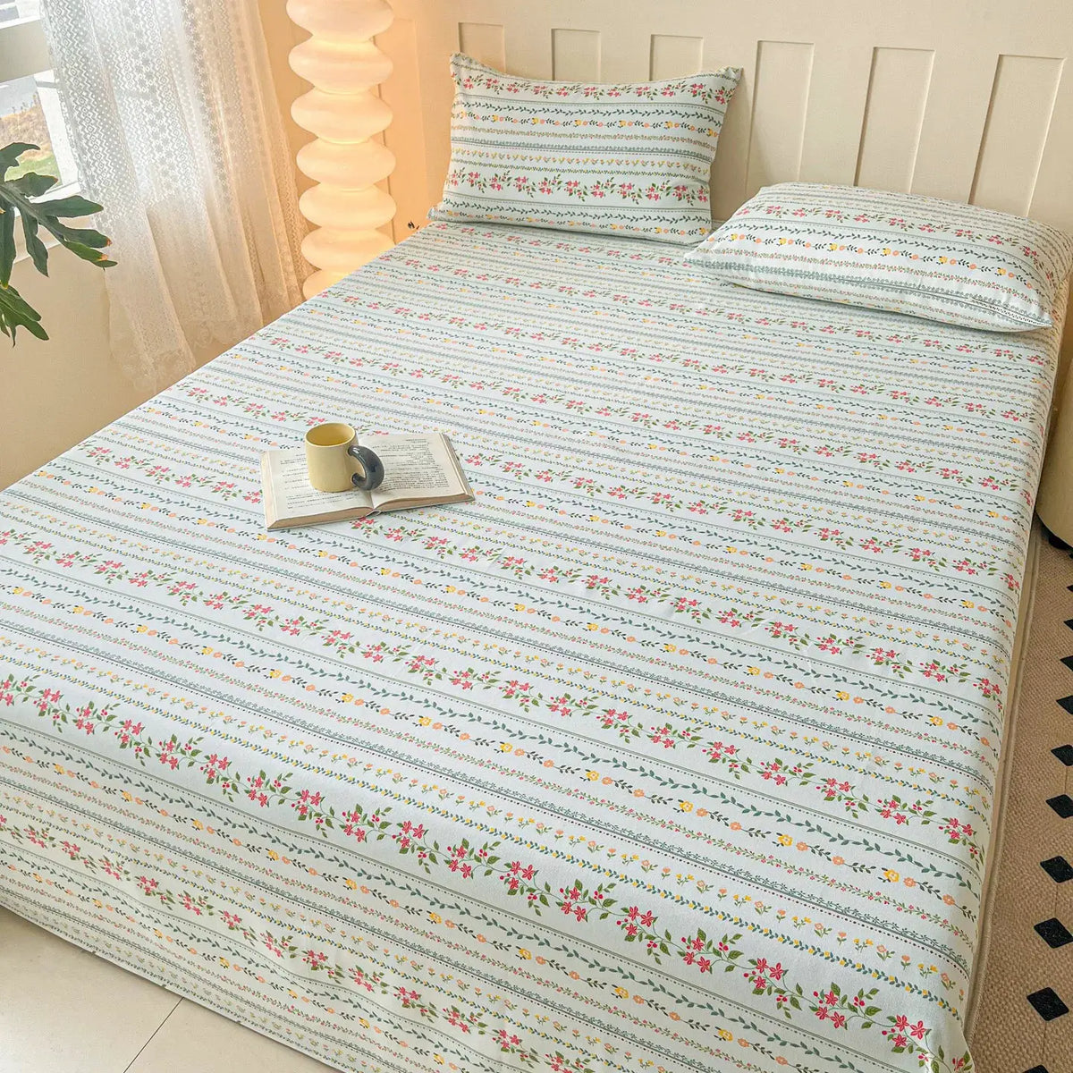 100% Cotton Coarse Weave Flat Sheet, Floral Striped Print Bed Sheet, Breathable Durable All Season Bedding for Kids & Adults from PriceLows™