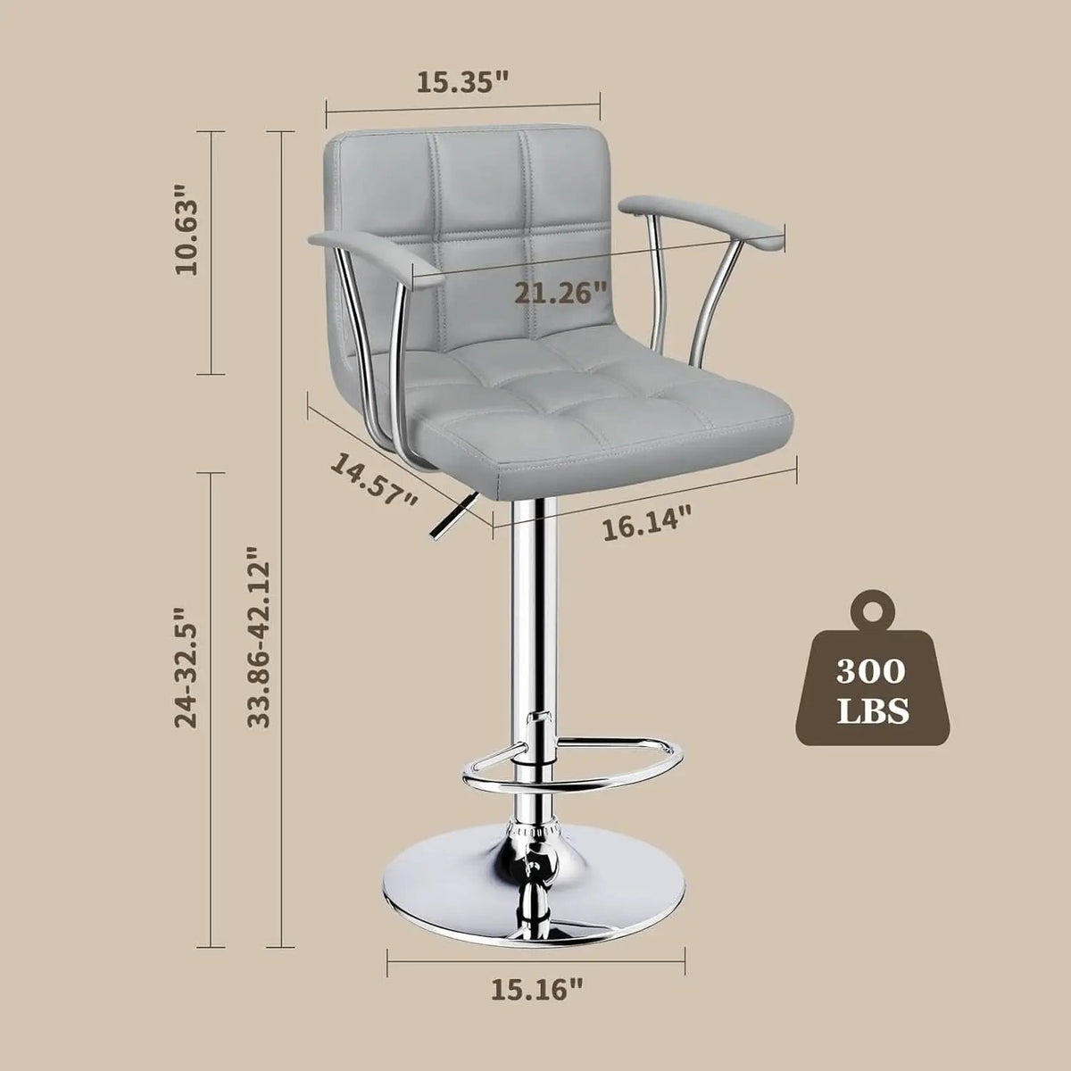 Counter Height Bar Stools Set 2 Armrest Swivel Leather Grey from PriceLows™