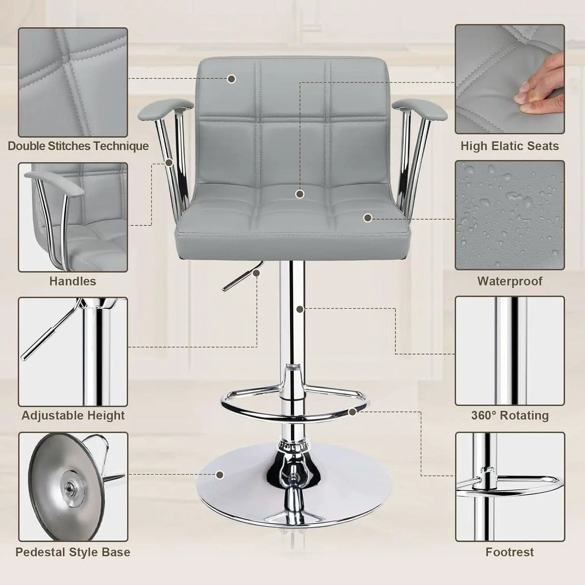 Counter Height Bar Stools Set 2 Armrest Swivel Leather Grey from PriceLows™