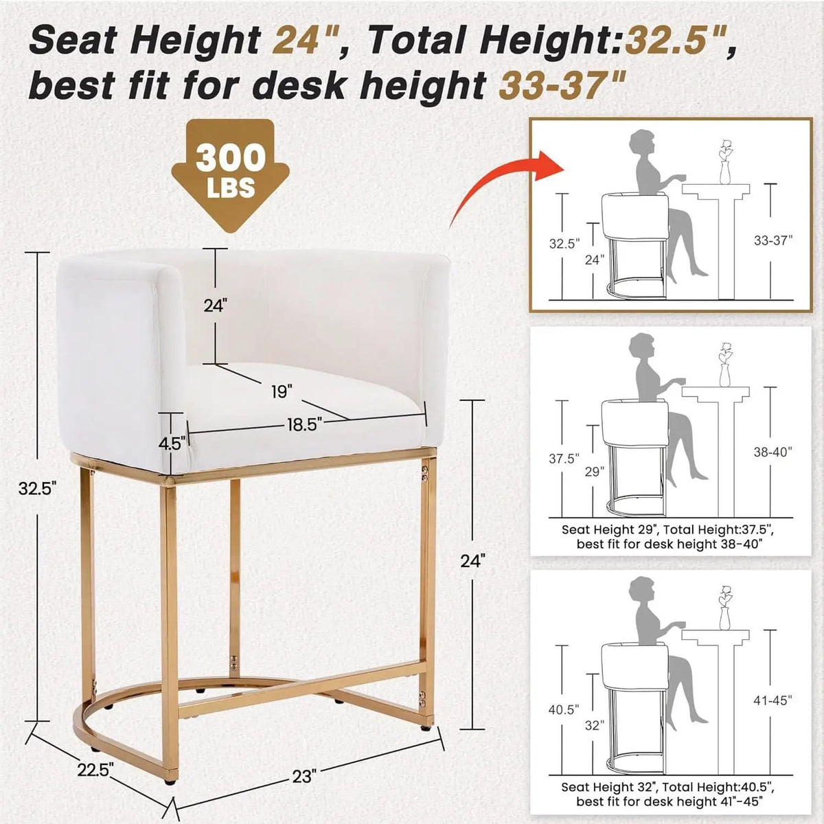 Counter Height Bar Stools Set Of 2 Ivory Velvet 24 Inch from PriceLows™