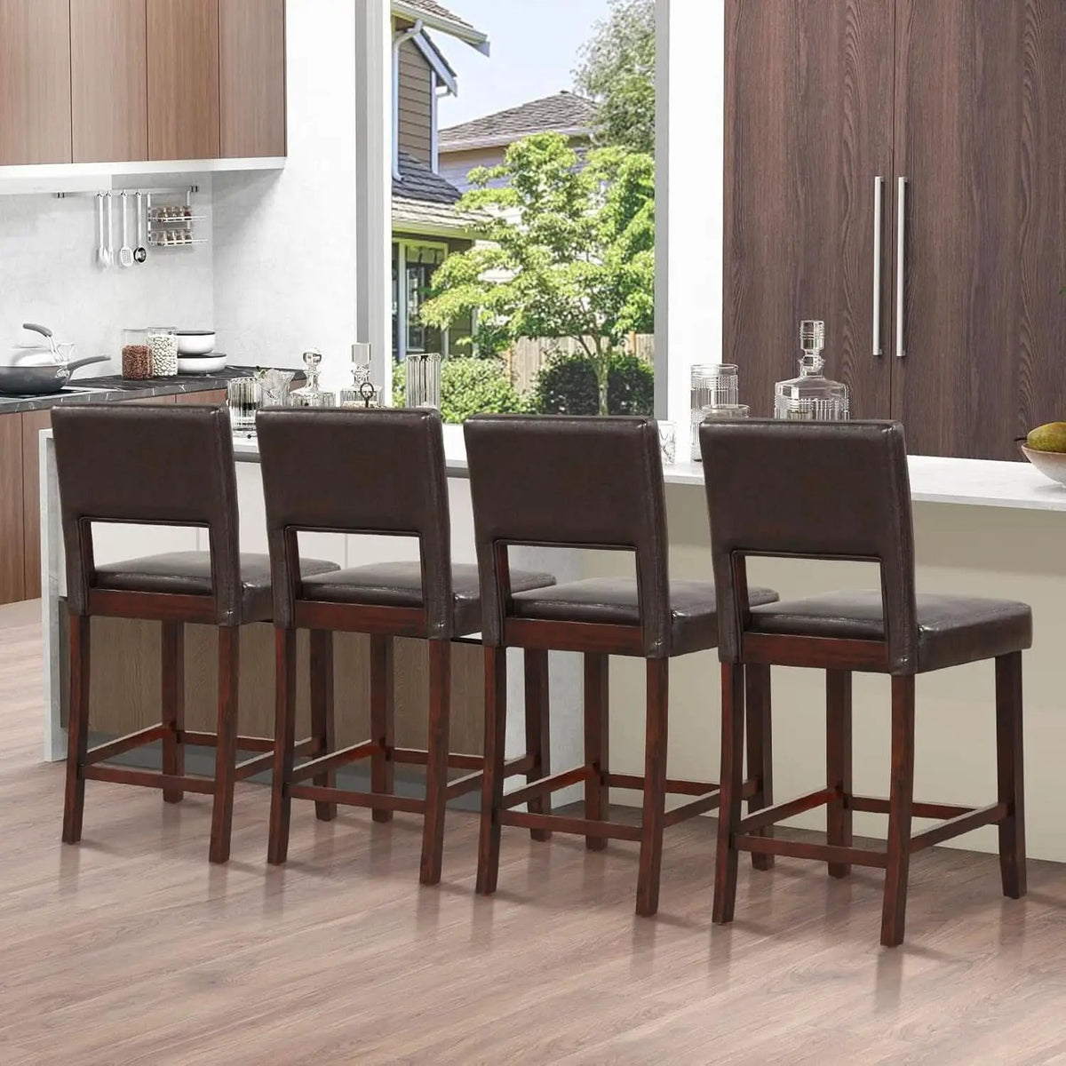 Counter Height Bar Stools Set Of Two, Twenty Four Point Five Inch, Brown Upholstered PVC Leather from PriceLows™