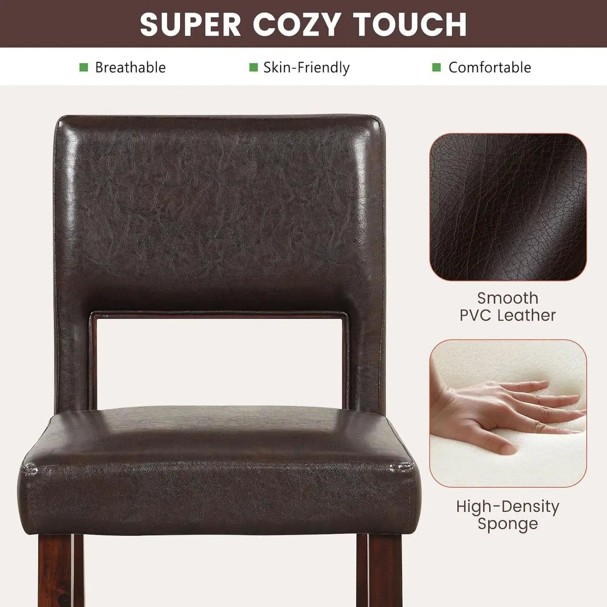 Counter Height Bar Stools Set Of Two, Twenty Four Point Five Inch, Brown Upholstered PVC Leather from PriceLows™