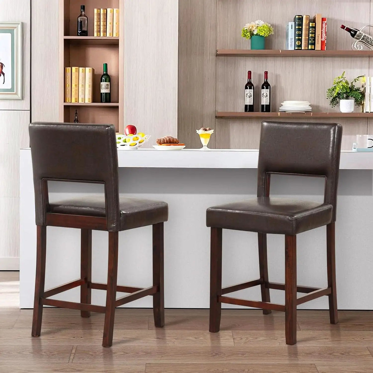 Counter Height Bar Stools Set Of Two, Twenty Four Point Five Inch, Brown Upholstered PVC Leather from PriceLows™
