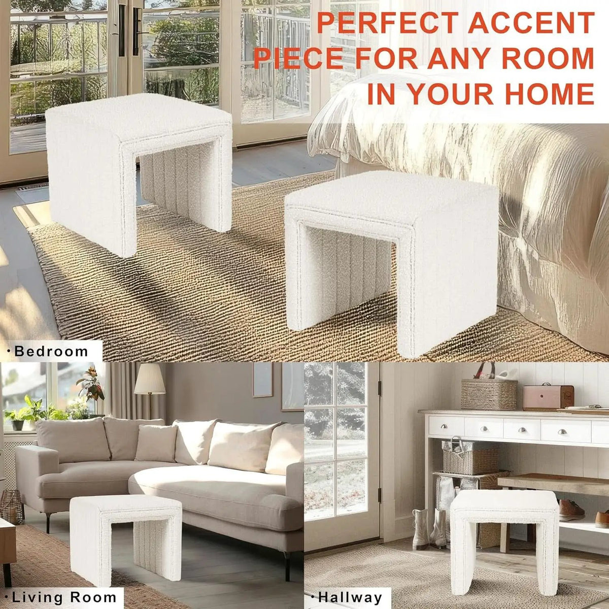 Cream Soft Boucle Upholstered Ottoman Footrest 18 Inches from PriceLows™