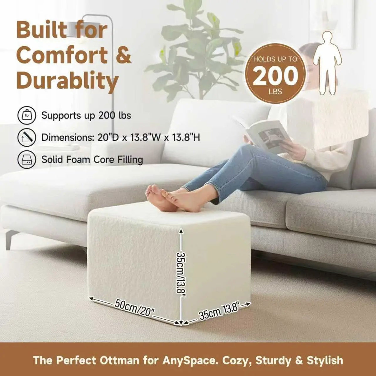 Cream Square Luxurious Upholstered Foam Pouf Ottoman from PriceLows™