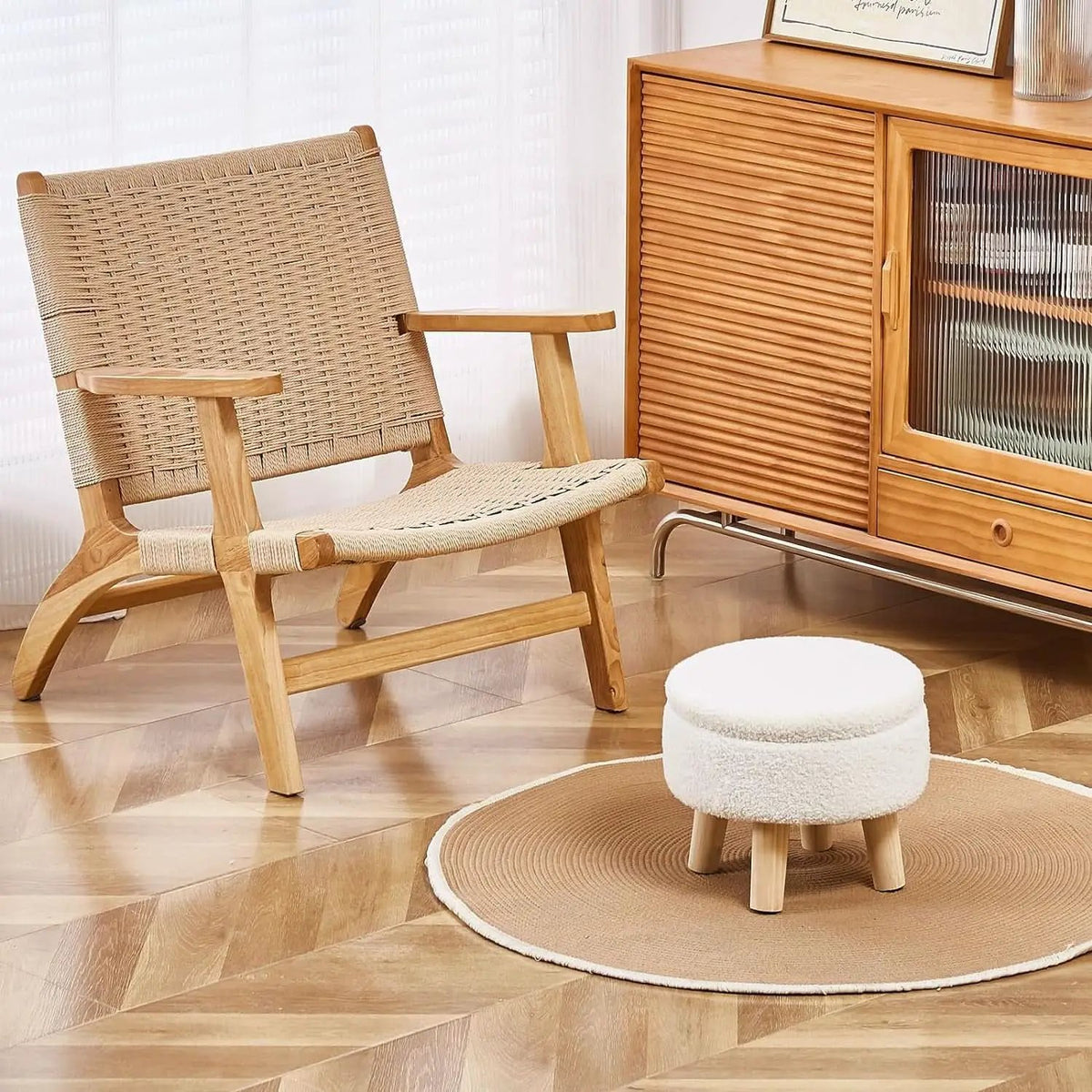 Cream Velvet Round Storage Ottoman With Solid Wood Legs