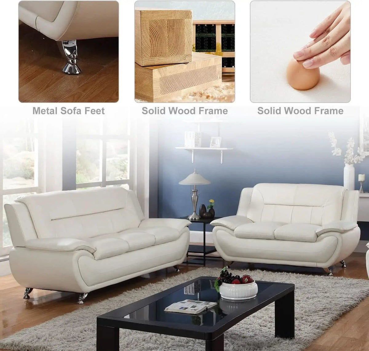 Cream White 2 Piece Faux Leather Sofa Set Living Room from PriceLows™