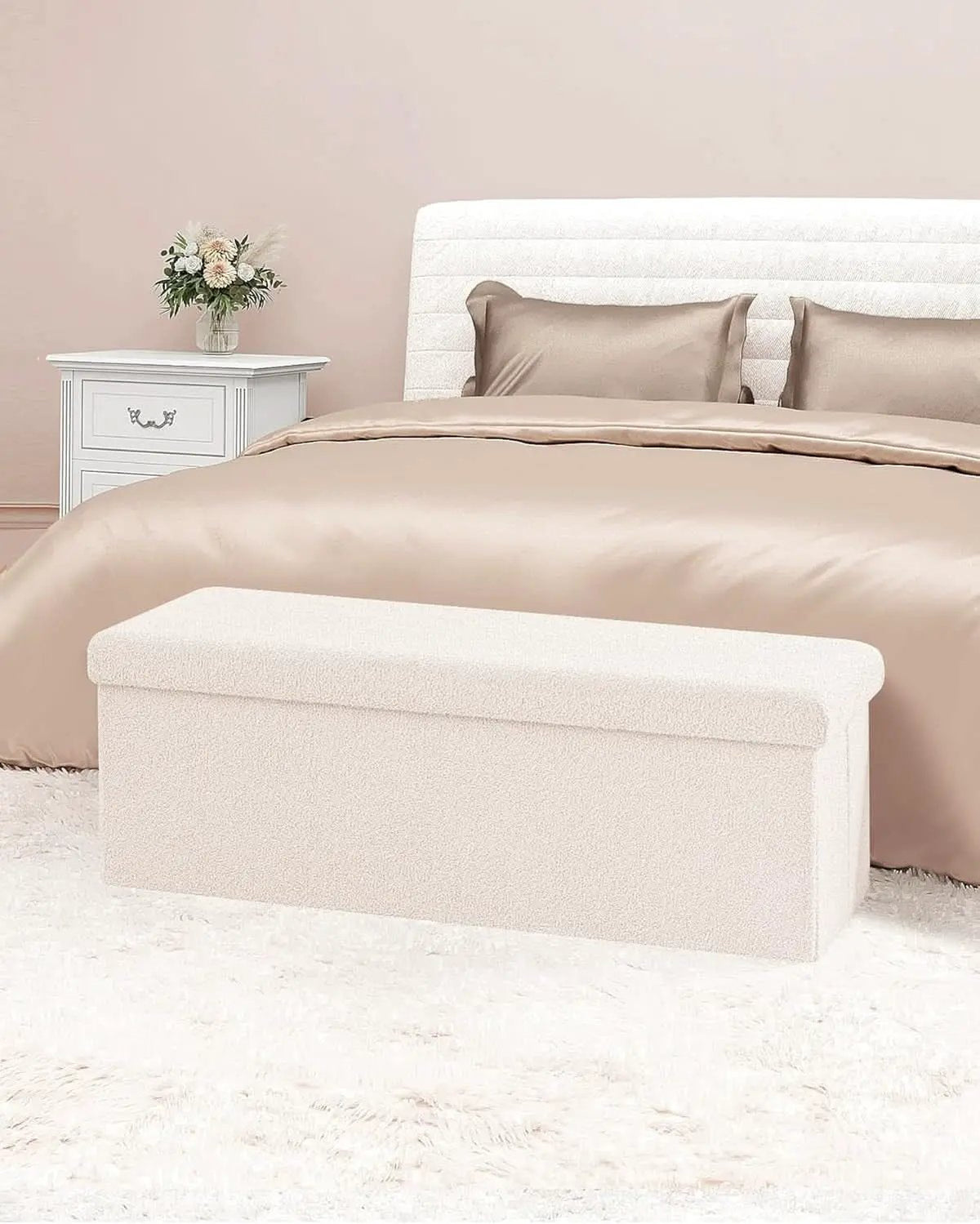 Cream White Faux Fur Storage Ottoman 43.3 Inch Dimensions from PriceLows™