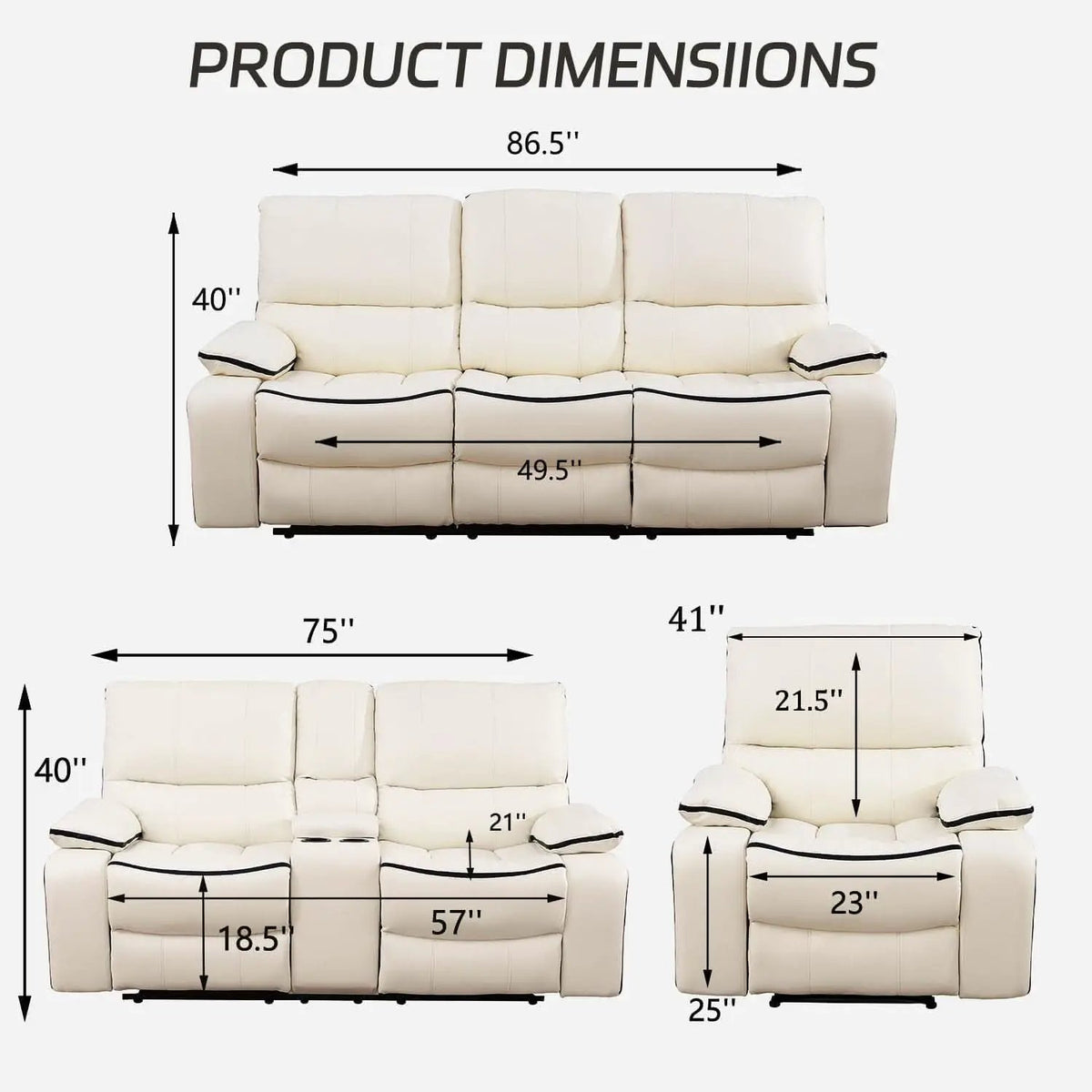 Creamy White Leather Recliner Sofa Set With Storage Console from PriceLows™