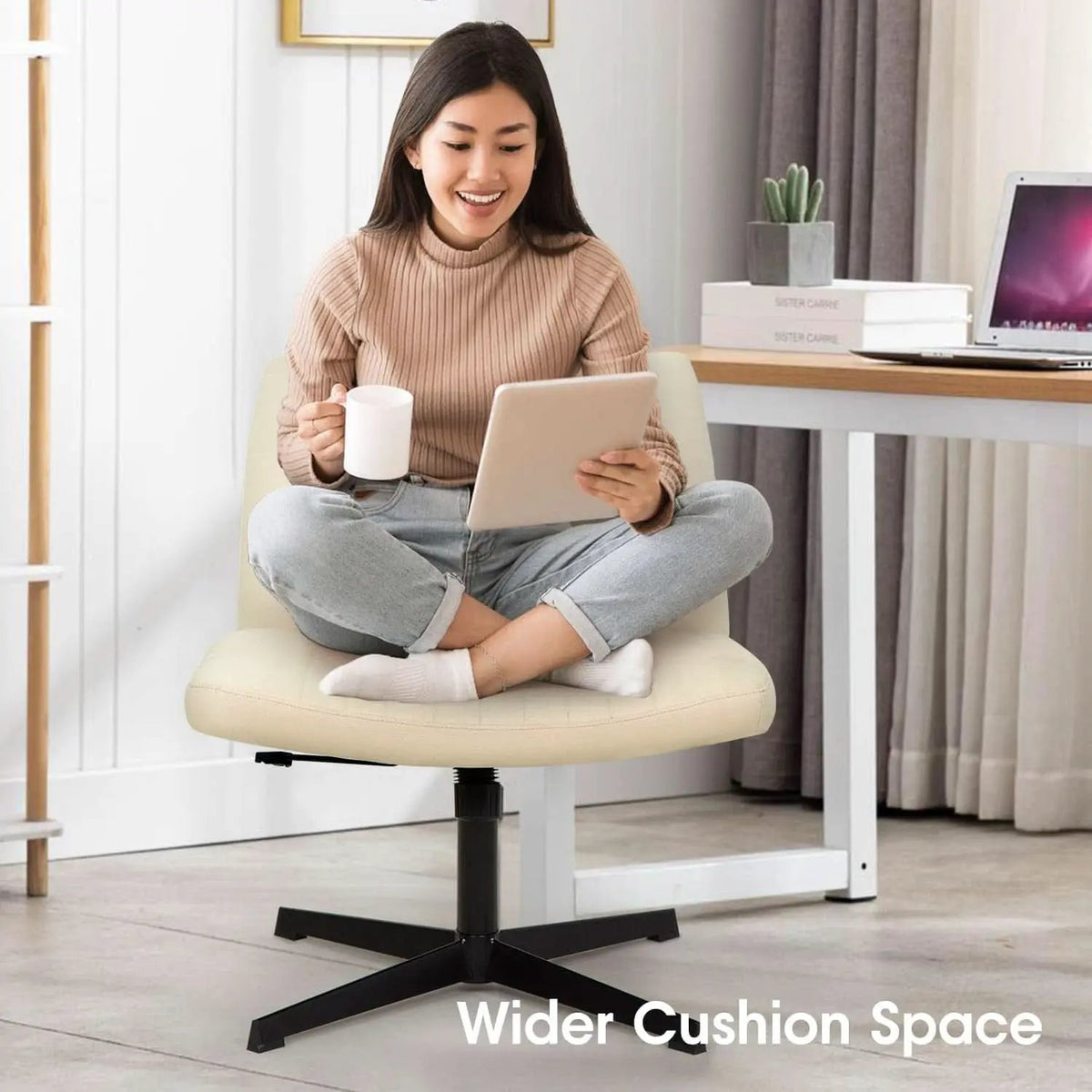 Criss Cross Armless Office Chair Beige Height Adjustable from PriceLows™