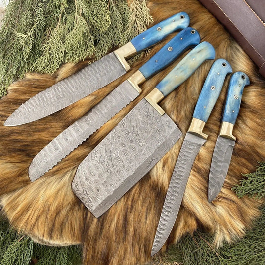 Custom Handmade Damascus Steel Kitchen Knives Set Camel Bone & Brass Handle, 9 13" | 13 Inch | Damascus Steel | Home
