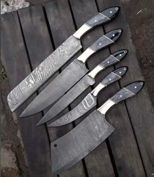 Custom Handmade Damascus Steel Kitchen Knives Set with Pakkawood & Buffalo Horn | Damascus Steel | Home Use | Home