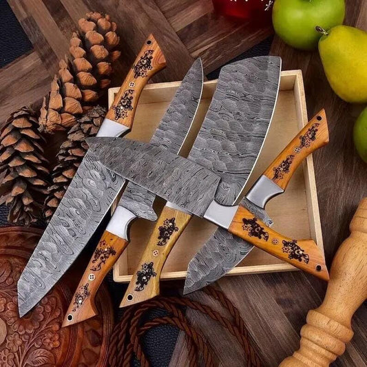 Custom Handmade Damascus Steel Knife Set with Engraved Rosewood Handles | Damascus Steel | Kitchen Knives Set | Home