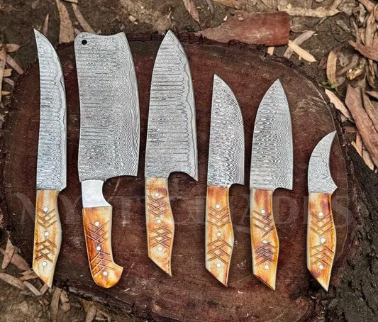 Custom Handmade Damascus Steel Knives Set - Camel Bone Handles, 3 to 8-Inch Blades | 8 Inch | Damascus Steel | Kitchen Knives Set