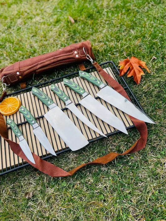 Custom Handmade J2 Steel 5 Piece Kitchen Knife Set with G10 Handle and Steel Bolster | 5-Piece | Steel | Kitchen Knives Set