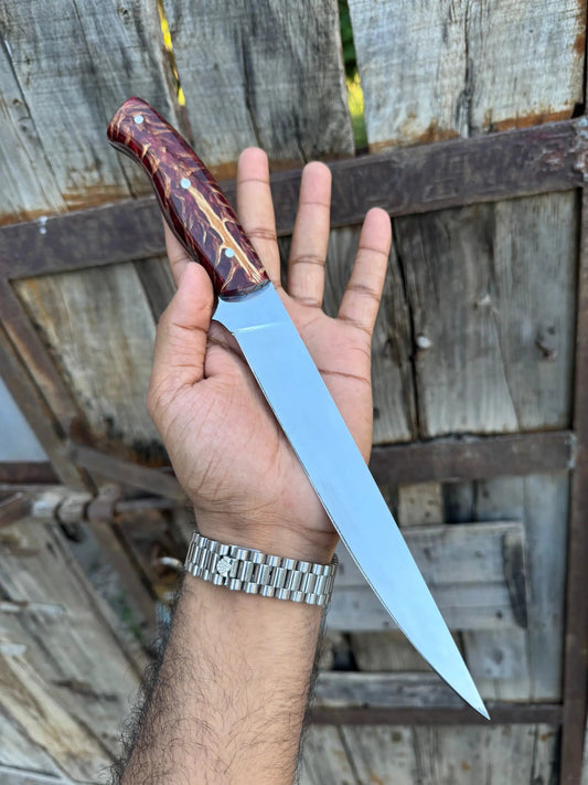 Custom Handmade J2 Steel Boning Knife with Epoxy Pine Cone Resin Handle & Leather | 13 Inch | Steel | fillet fishing Knife