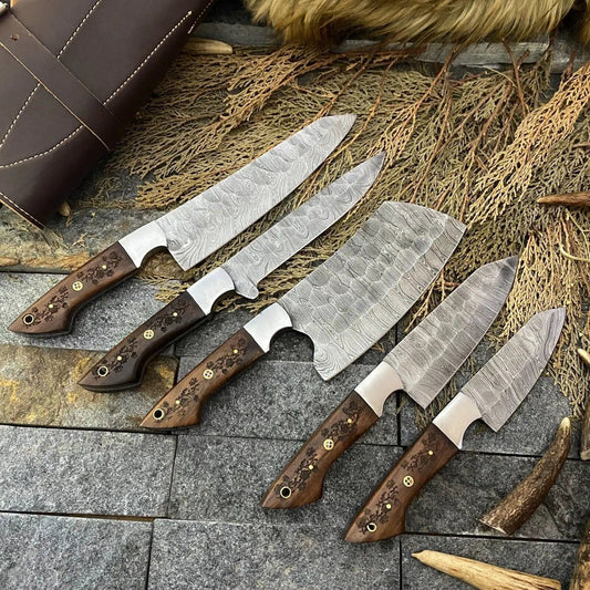 Custom Handmade Knife Set Damascus with Rosewood Handles | Damascus Steel | Kitchen Knives Set | Home