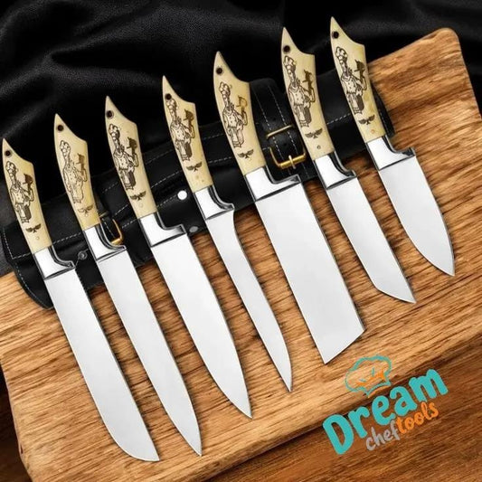 Custom Kitchen Knives Set - Handcrafted J2 Steel Blades with Camel Bone Handle | Steel | Kitchen Knife | Home