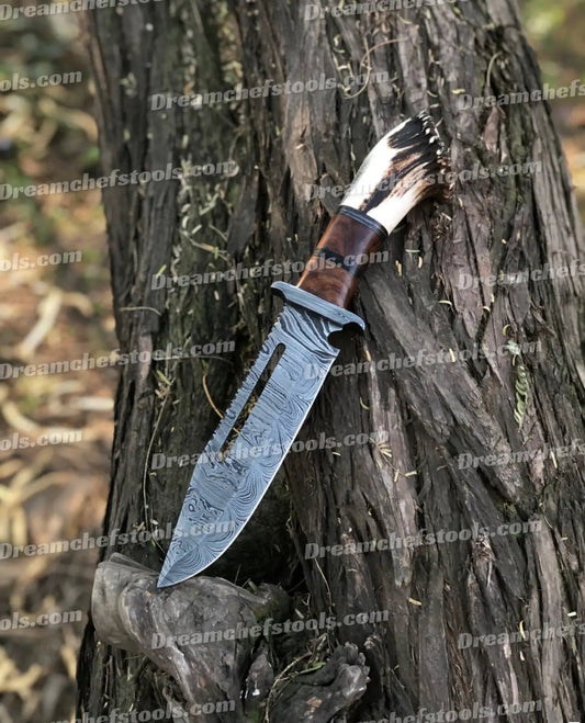 15" Handmade Damascus Steel Bowie Knife Full Tang with Stag Crown Antler & Rosewood | 15 Inch | Damascus Steel | Custom handmade bowie Knife