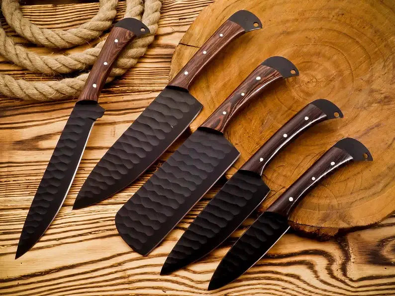 5 Pcs Kitchen Knife Sets – Forged Stainless Steel with Rosewood Handles & Leather Sheath from PriceLows™