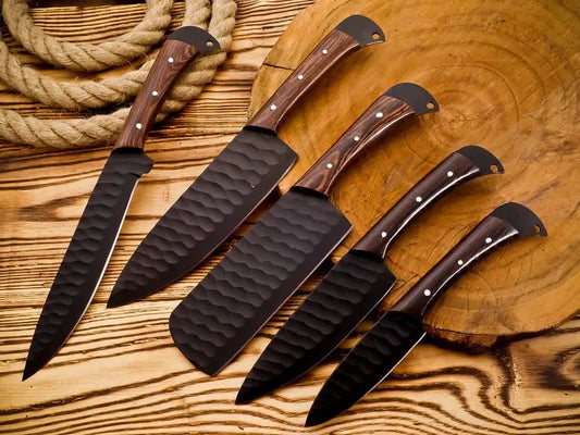5 Pcs Kitchen Knife Sets – Forged Stainless Steel with Rosewood Handles & Leather Sheath from PriceLows™