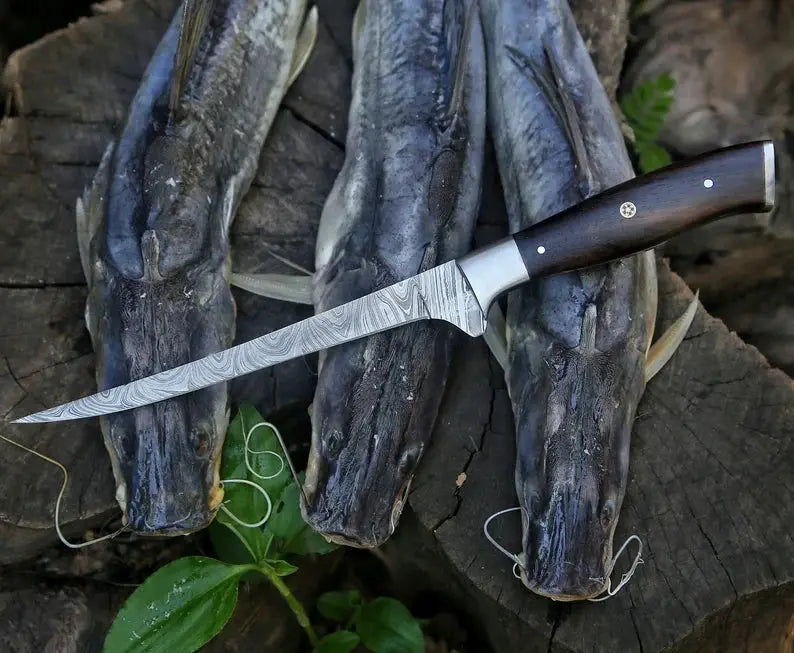 Custom Handmade 13 Inch Damascus Steel Fillet Knife with Rosewood Handle and Steel | 13 Inch | Damascus Steel | damascus fillet Knife