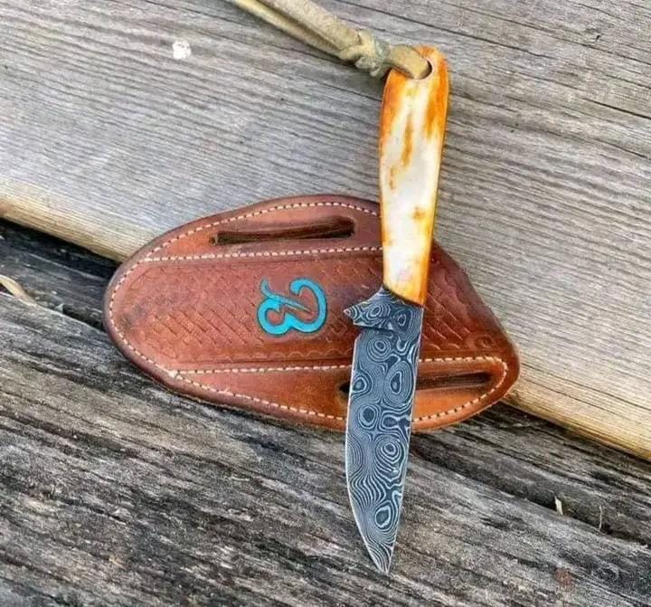 Custom Handmade Damascus Belt Knife with Camel Bone Handle | Damascus Steel | cowboy belt Knife | Home