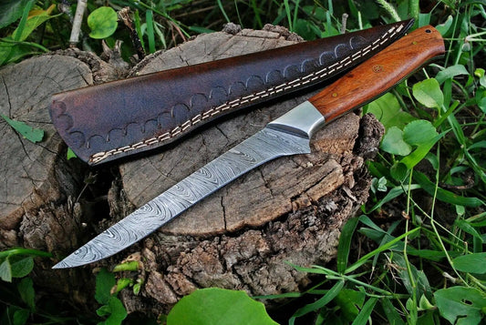 Custom Handmade Damascus Fillet Knife 10.5" Blade with Rosewood Handle & Leather | 10.5 Inch | Damascus Steel | fillet fishing Knife