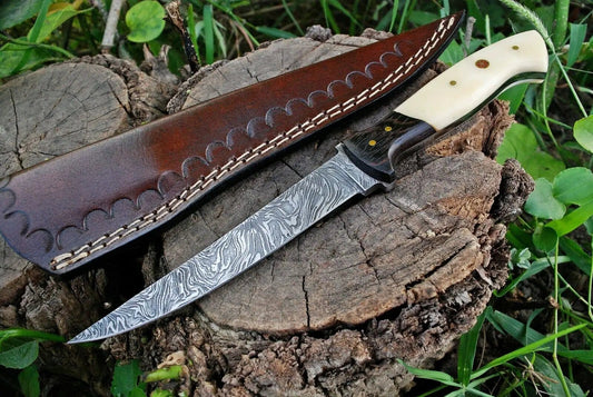 Custom Handmade Damascus Fishing Fillet Knife 11" Blade with Wenge Wood and Bone | 11 Inch | Damascus Steel | Home