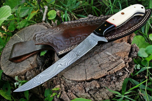 Custom Handmade Damascus Fishing Fillet Knife 13" Blade with Bone and Micarta Handle | 13 Inch | Damascus Steel | fillet fishing Knife