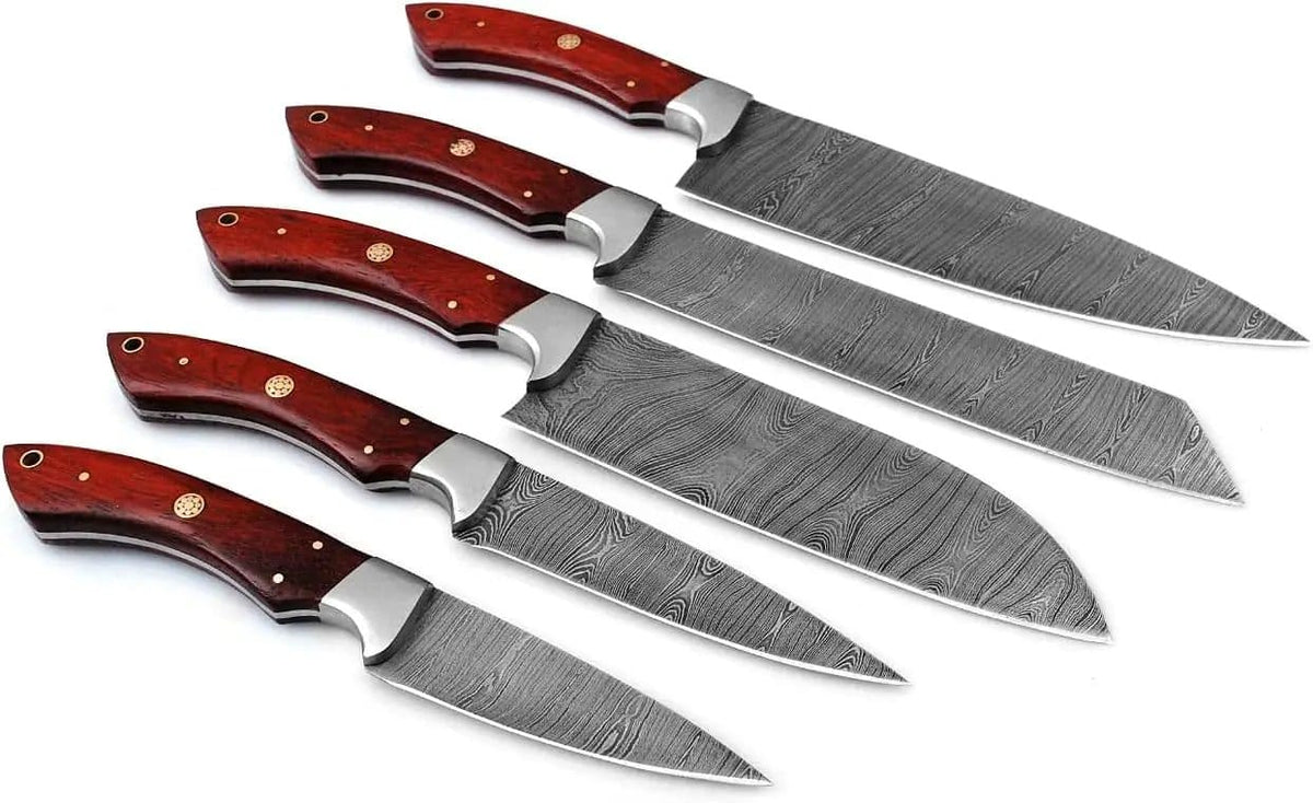 Hand Forged Custom Damascus Knife Set with Rosewood Handles & Steel Bolster Full | 13 Inch | Damascus Steel | Kitchen Knives Set
