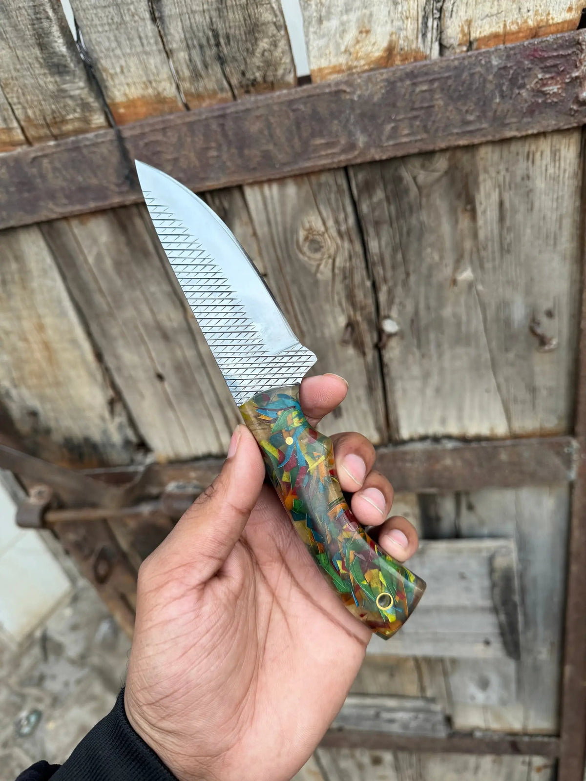 Custom Handmade Fixed Blade Cowboy Knife Rasp Tool Steel Blade with Resin Handle | Genuine Leather | western cowboy knife | Home