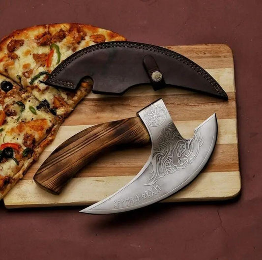 Axe Pizza Cutter - Custom Hand-Engraved J2 Steel Blade with Wooden Handle | 8 Inch | Leather | viking pizza cutter
