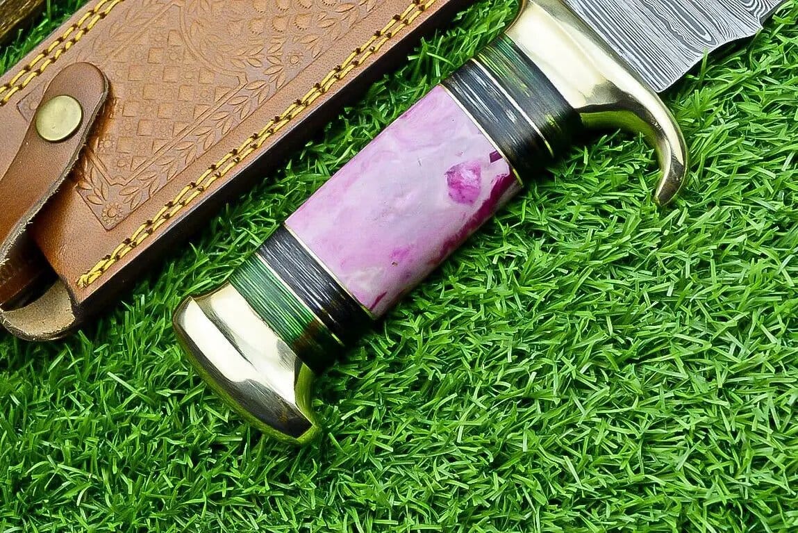 Damascus Steel "The Bowie" Knife 16" with Brass Guard and Resin Pakkawood Handle | 16 Inch | Damascus Steel | bowie Knife