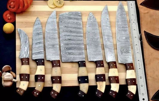 Custom Handmade Damascus Chef Knife Set - Rosewood & Olive Wood Handles | 13 Inch | Damascus Steel | Kitchen Knives Set