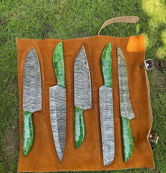 Custom Handmade Damascus Kitchen Knife Set - 7" Blade with Resin Handle | 7 Inch | Damascus Steel | Home