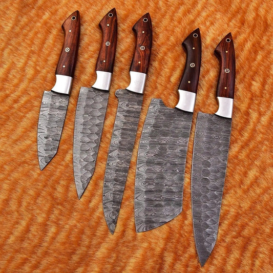 Custom Handmade Damascus Kitchen Knife Set with Rosewood Handles - 9” to 13” Blades | 13 Inch | Damascus Steel | Kitchen Knives Set
