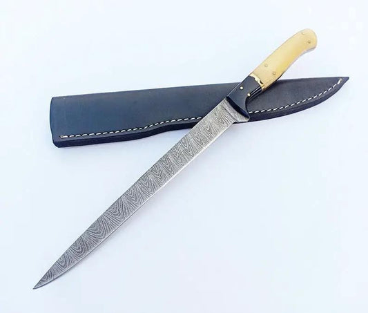 Custom Handmade Damascus Steel Fishing Fillet Knife 13” with Bone and Buffalo Horn | 13 Inch | Damascus Steel | Home