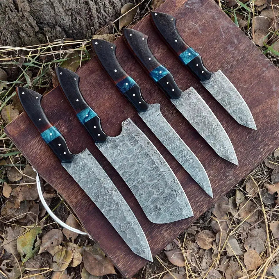 Custom Handmade Damascus Steel Knife Set 9” to 13” Blades with Rosewood and Resin | 13 Inch | Damascus Steel | Kitchen Knives Set
