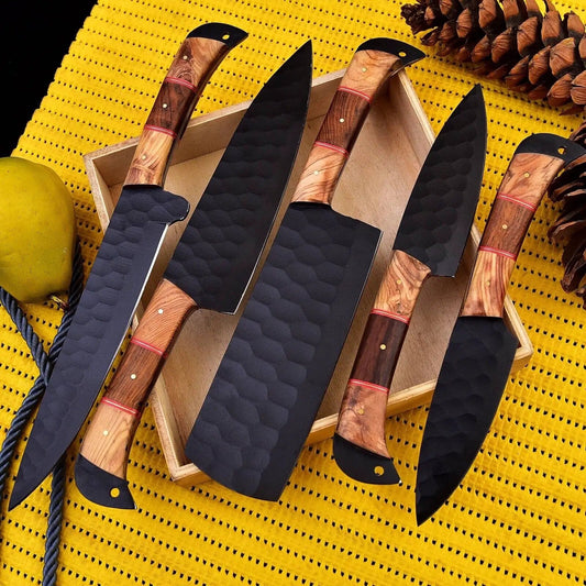 Custom Handmade Blue Knives | J2 Powder Coat Steel Blade | 9 Inch | Olive Wood | Kitchen Knives Set