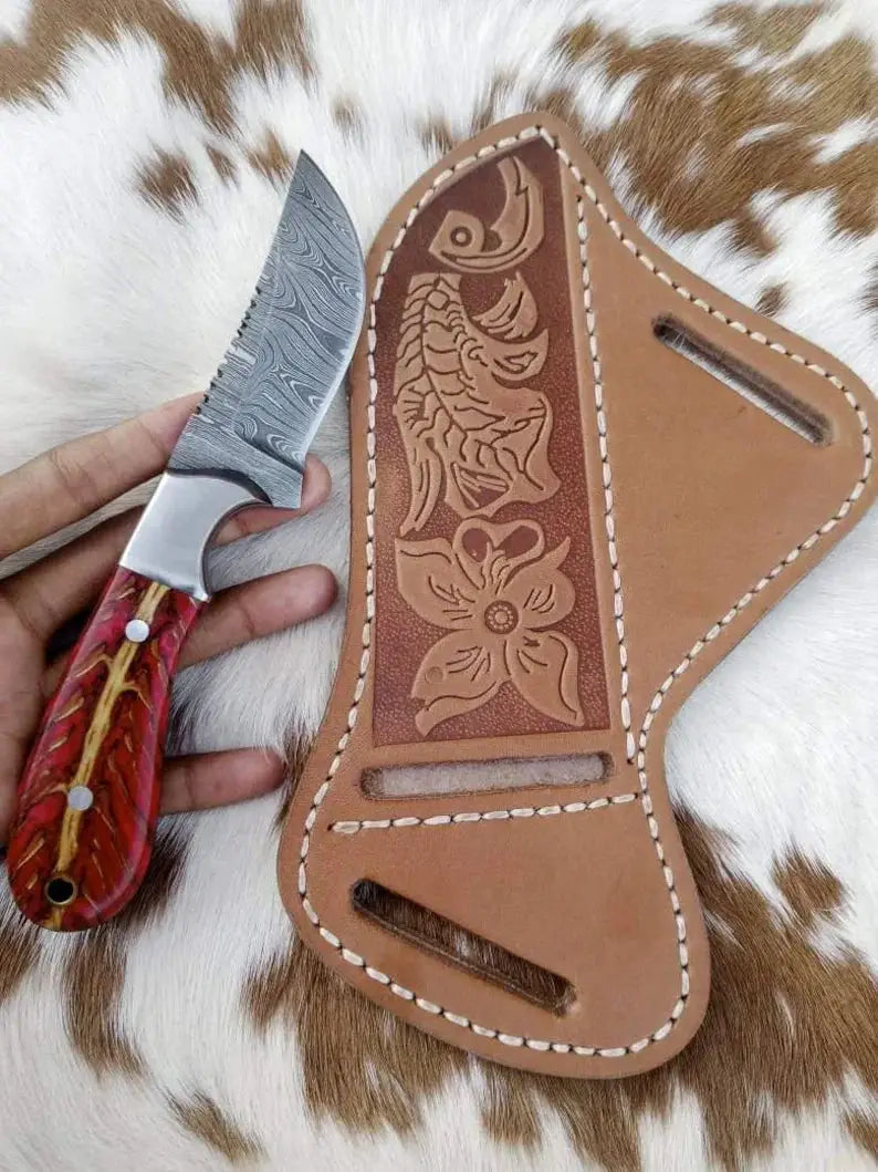 Premium Custom Handmade Cowboy Knife & Leather Sheath Damascus Steel Blade, Pine | 8 Inch | Damascus Steel | Home