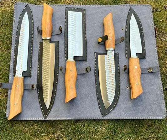 D2 Steel Forged Blades Kitchen Knife Set Hidden Tang Stainless Clip Natural Wood | Steel | Kitchen Knives Set | Home