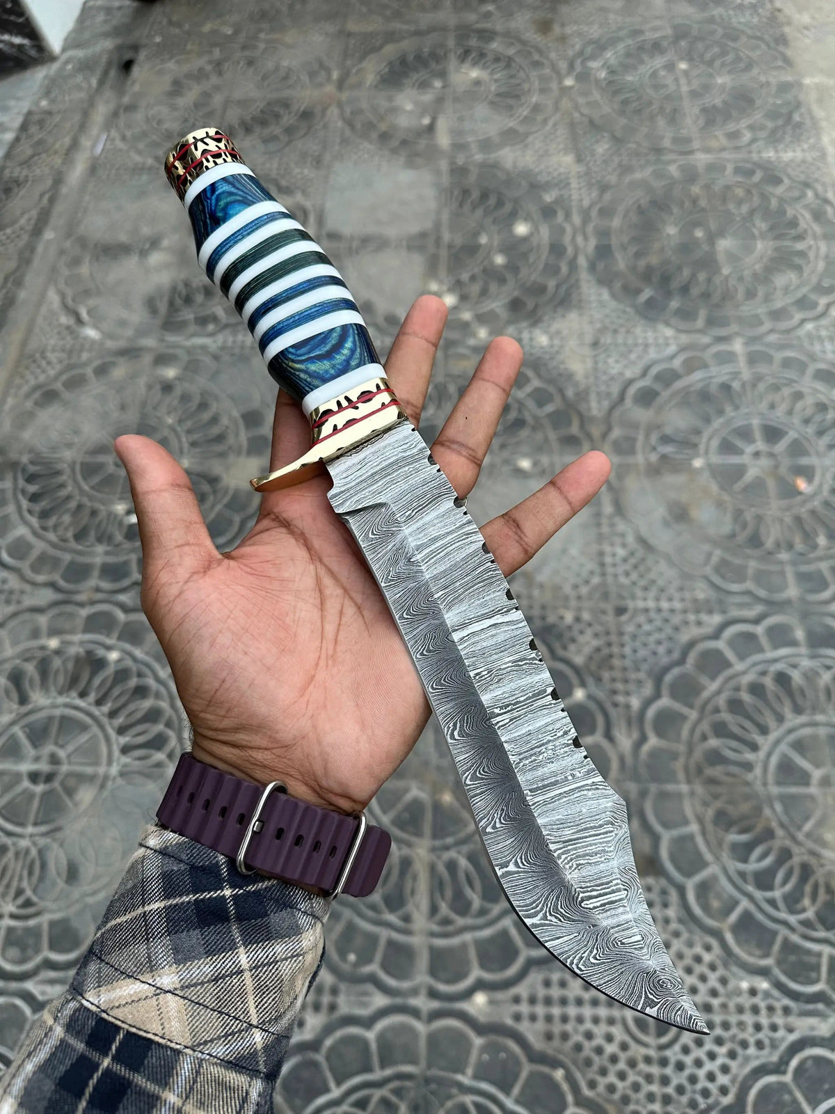 The Masterpiece Bowie: 14 Inch Damascus Steel Bowie Knife with Exotic Pakka Wood | 14 Inch | Damascus Steel | Hunting & Survival Knife